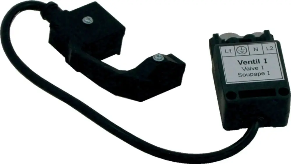 Ventil und Kabel, wahrscheinlich für die Steuerung von Heizsystemen. Produkt von Wolf, einschließlich Anschlussklemmen und Beschriftungen zur Identifikation.